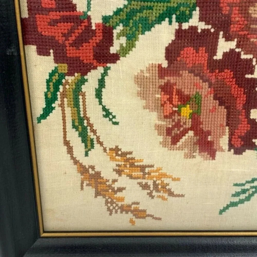 Vintage Framed Finished‎ Needlework Wall Hanging Picture Floral Cottagecore 1964